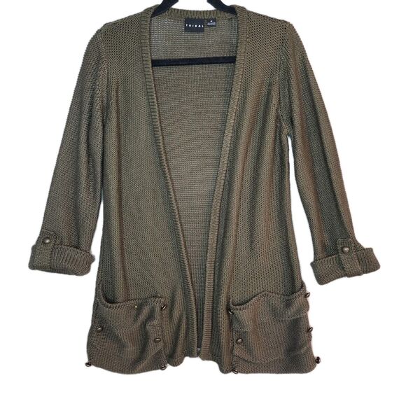 Tribal Women’s Olive Open Front Cardigan Sweater 3/4 Sleeve Pockets Size M EUC - Picture 1 of 6